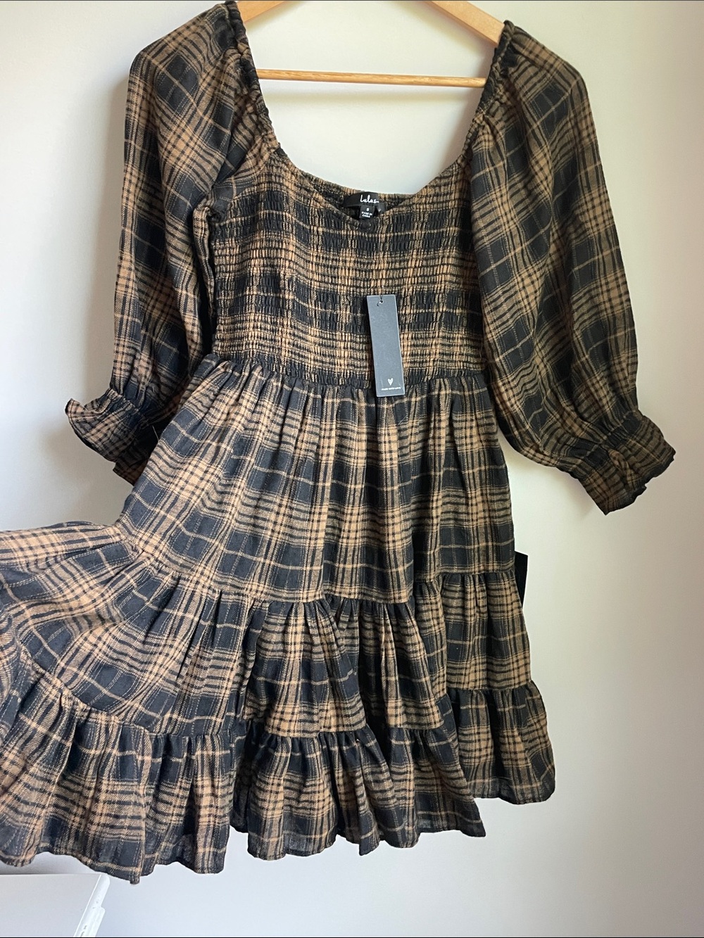 Lulu's Black and Tan Plaid Flannel Smocked Puff-Sleeve Tiered Mini Dress - Picture 4 of 5